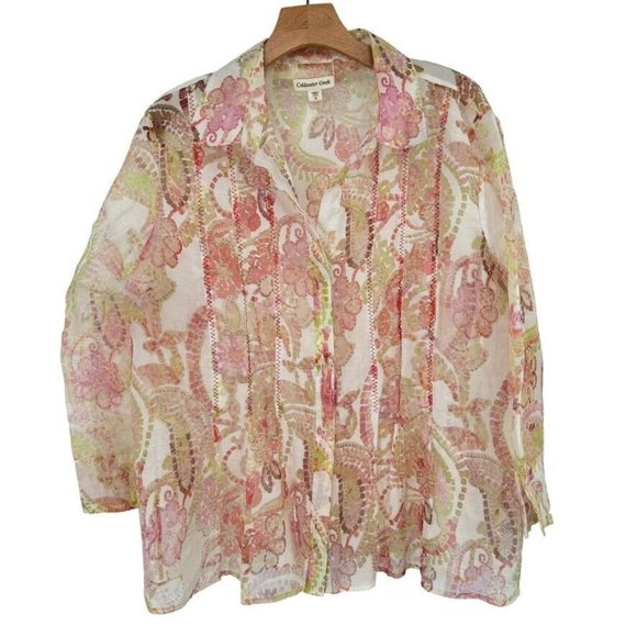 coldwater creek women's blouse top sheer floral size XL extra large 3/4 sleeve - Picture 1 of 11